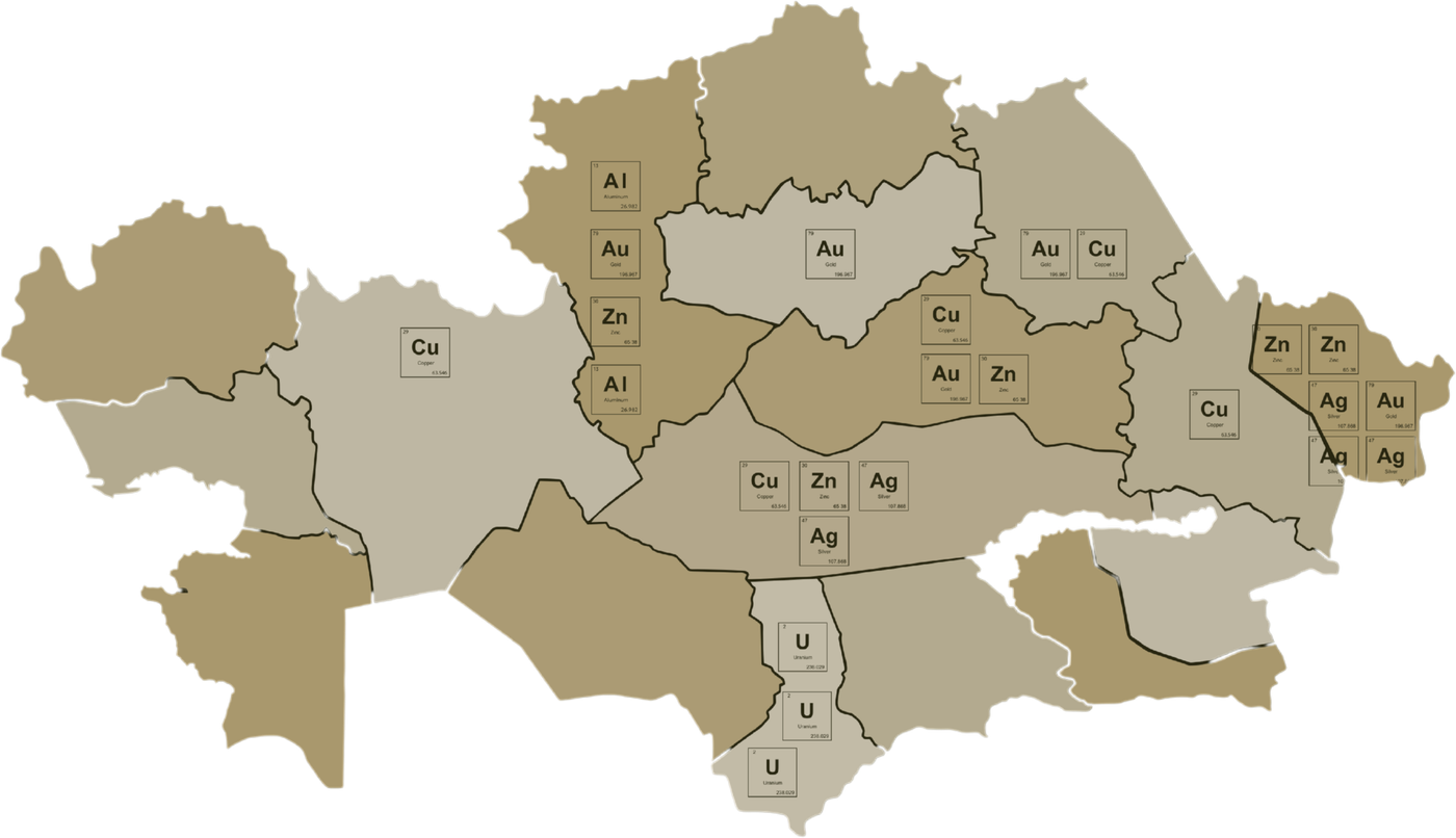 Map of Kazakhstan by region, marking main deposits of copper, gold, zinc, silver, aluminium and uranium
