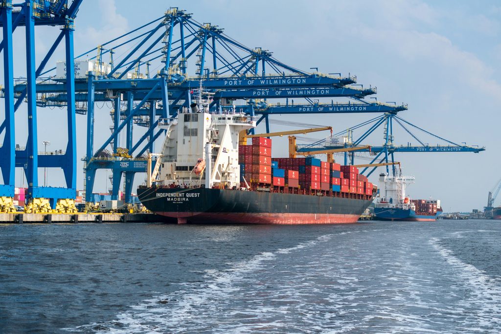 Gantry cranes loading a container vessel