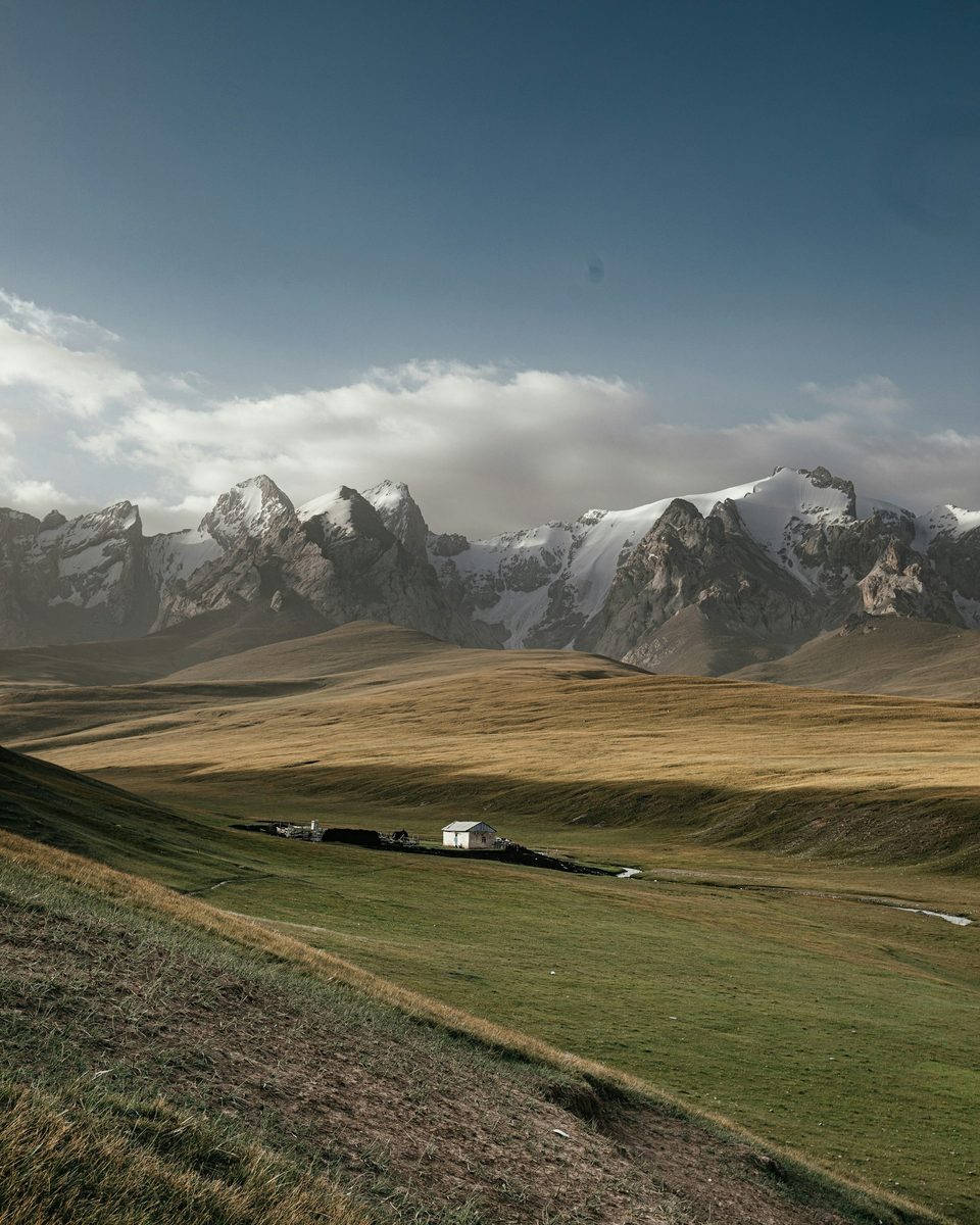 Steppe valley below the snow-capped Tian Shan mountains